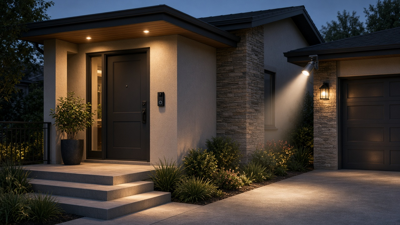 Front porch at dusk with a video doorbell and a spotlight camera over the garage