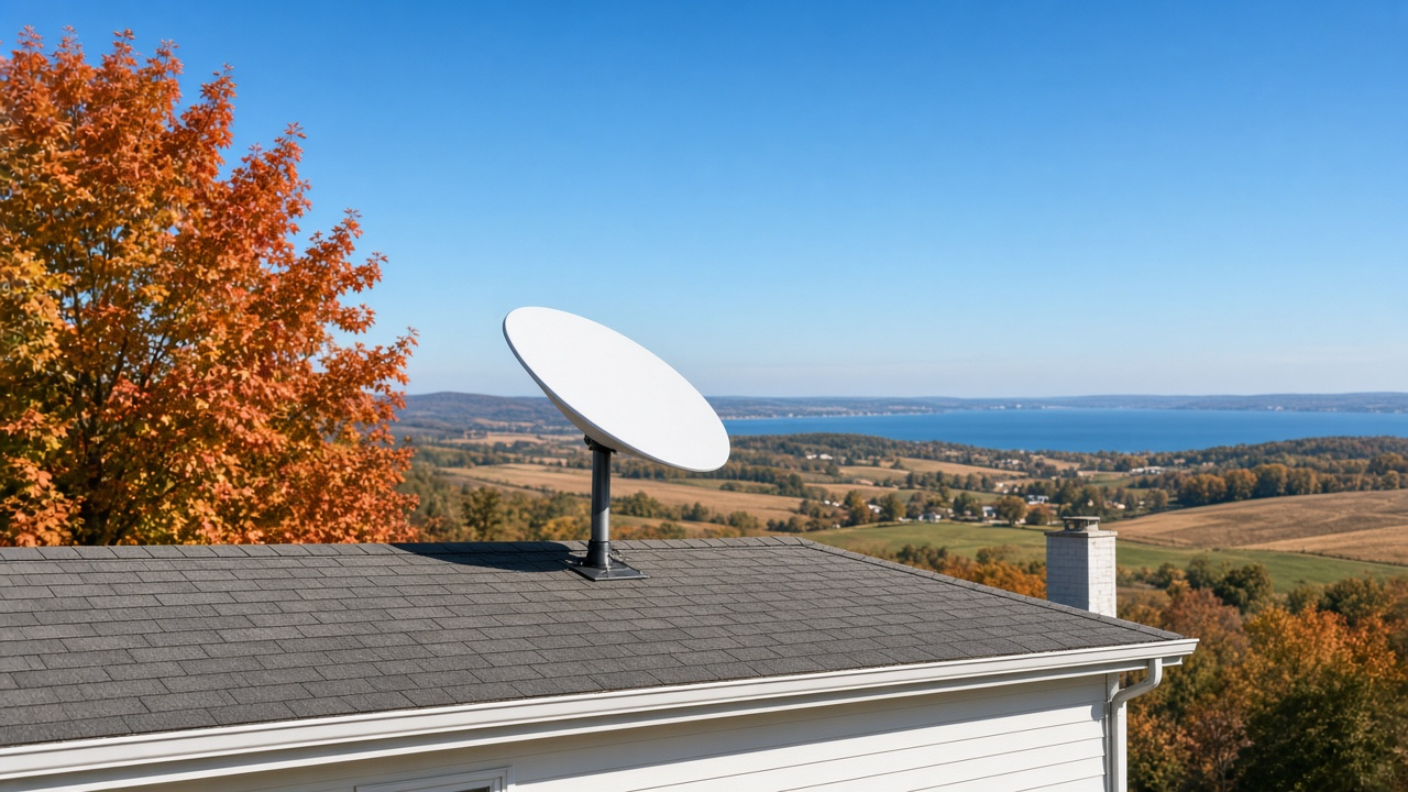 Satellite internet dish on a Michigan roof overlooking autumn trees and water